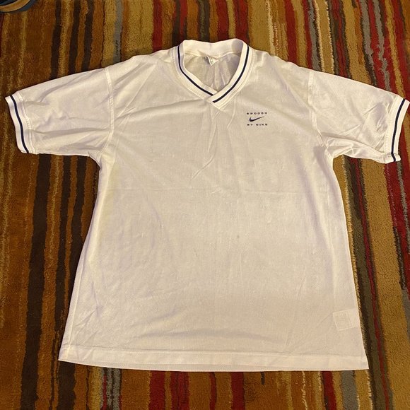 Vintage 90s Nike White Tag Swoosh Mesh Breathable White Ringer Tee Shirt size XL - Picture 1 of 4